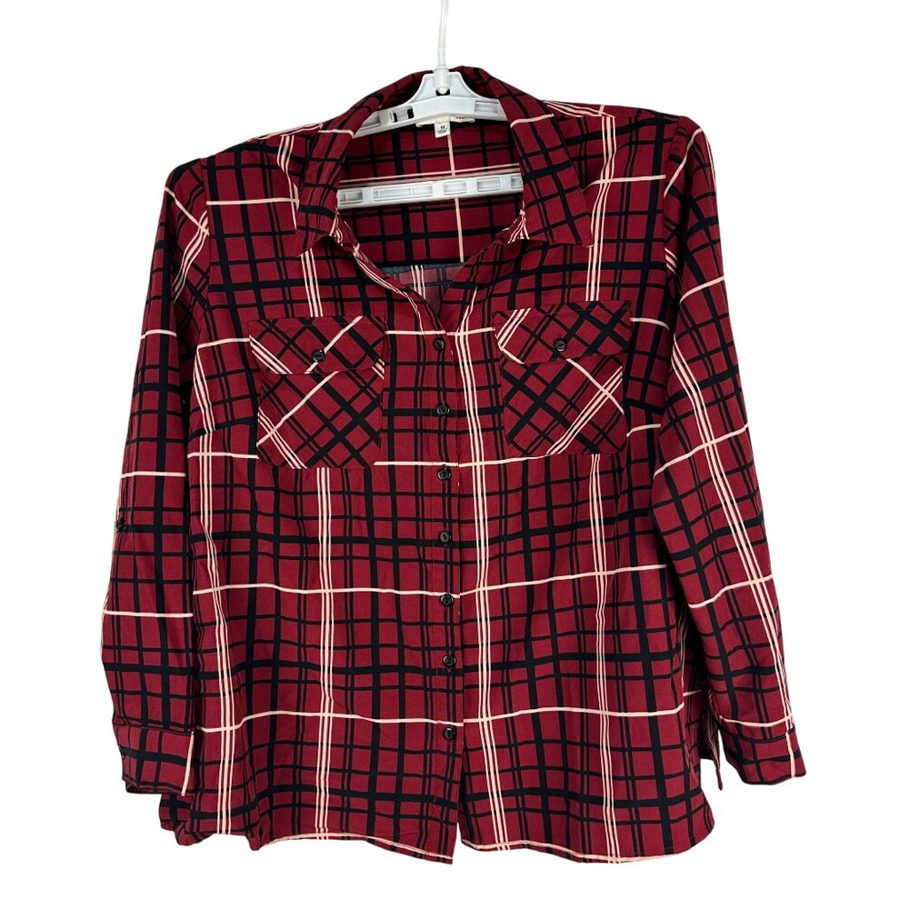 Notations Womens Button Down Long Sleeve Plaid Shirt Size 1X Red Black Check